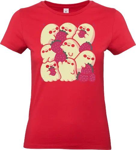 Spooky Cute Ghosts with Strawberries - ghosts, strawberry, doodle, ghost, strawberries, pink, spooky cute, creepy cute, spring, love, whimsical, kawaii ghost, occult, adorable, xmorfina - Standard T-Shirt (Frauen)