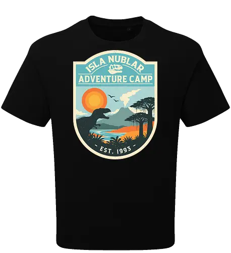 Dinosaur Island Adventure Camp - dinosaur, 90s, adventure, camping, geek, island, nature, nerd, nostalgia, prehistoric, retro, summer camp, t rex, vintage, volcano - Oversize T-Shirt