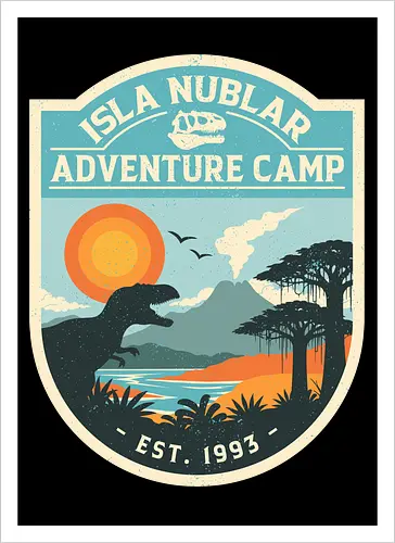 Dinosaur Island Adventure Camp - dinosaur, 90s, adventure, camping, geek, island, nature, nerd, nostalgia, prehistoric, retro, summer camp, t rex, vintage, volcano - Kunstdruck