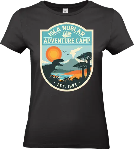 Dinosaur Island Adventure Camp - dinosaur, 90s, adventure, camping, geek, island, nature, nerd, nostalgia, prehistoric, retro, summer camp, t rex, vintage, volcano - Standard T-Shirt (Frauen)
