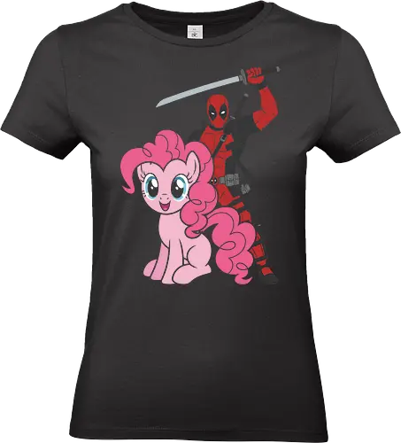 Mercenary Magic - mercenary and pony design, unlikely duo apparel, funny anti-hero clothing, kawaii and gritty t-shirt, pinkie pie katana shirt, wade wilson parody merch, comic book humor streetwear, pink and red graphic top, my little pony parody t-shirt, Fourth wall break apparel, sarcastic superhero shirt, whimsical mercenary design, pop culture mashup clothing, funny brony t-shirt, Antihero pinkie pie shirt, funny mashup t-shirt, Antihero and mlp graphic tee, pinkie pie Antihero crossover, Antihero fan gift - Standard T-Shirt (Frauen)