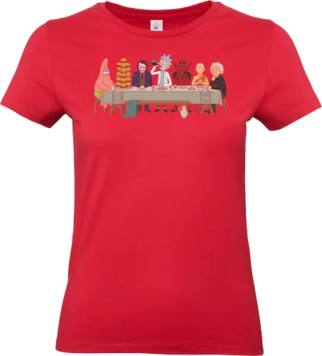 The Pop Culture Supper - last supper parody shirt, pop culture mashup t-shirt, funny rick sanchez graphic tee, sarcastic pop culture t-shirt, cartoon parody fan gift, unique multiverse graphic top, adult swim inspired apparel, comedy crossover t-shirt, legendary characters table art, Antihero and joker crossover apparel, cartoon multiverse dinner design, patrick star burger t-shirt, aang and einstein parody top, humorous art history shirt, geek culture streetwear, funny character mashup clothing, the last supper animation style, iconic character gathering merch, funny nerd fashion - Standard T-Shirt (Frauen)