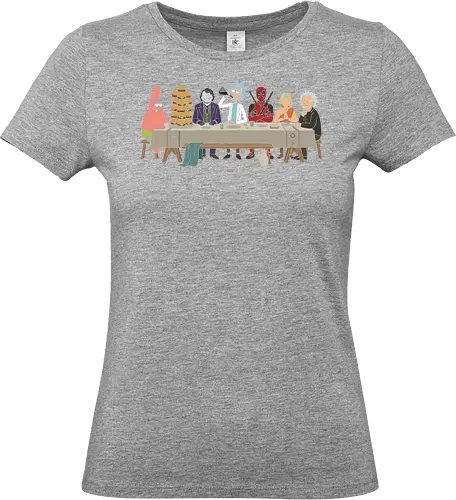 The Pop Culture Supper - last supper parody shirt, pop culture mashup t-shirt, funny rick sanchez graphic tee, sarcastic pop culture t-shirt, cartoon parody fan gift, unique multiverse graphic top, adult swim inspired apparel, comedy crossover t-shirt, legendary characters table art, Antihero and joker crossover apparel, cartoon multiverse dinner design, patrick star burger t-shirt, aang and einstein parody top, humorous art history shirt, geek culture streetwear, funny character mashup clothing, the last supper animation style, iconic character gathering merch, funny nerd fashion - Standard T-Shirt (Frauen)