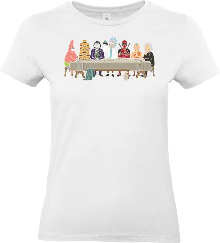 The Pop Culture Supper - last supper parody shirt, pop culture mashup t-shirt, funny rick sanchez graphic tee, sarcastic pop culture t-shirt, cartoon parody fan gift, unique multiverse graphic top, adult swim inspired apparel, comedy crossover t-shirt, legendary characters table art, Antihero and joker crossover apparel, cartoon multiverse dinner design, patrick star burger t-shirt, aang and einstein parody top, humorous art history shirt, geek culture streetwear, funny character mashup clothing, the last supper animation style, iconic character gathering merch, funny nerd fashion - Standard T-Shirt (Frauen)