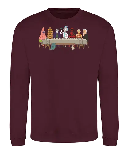 The Pop Culture Supper - last supper parody shirt, pop culture mashup t-shirt, funny rick sanchez graphic tee, sarcastic pop culture t-shirt, cartoon parody fan gift, unique multiverse graphic top, adult swim inspired apparel, comedy crossover t-shirt, legendary characters table art, Antihero and joker crossover apparel, cartoon multiverse dinner design, patrick star burger t-shirt, aang and einstein parody top, humorous art history shirt, geek culture streetwear, funny character mashup clothing, the last supper animation style, iconic character gathering merch, funny nerd fashion - Sweatshirt