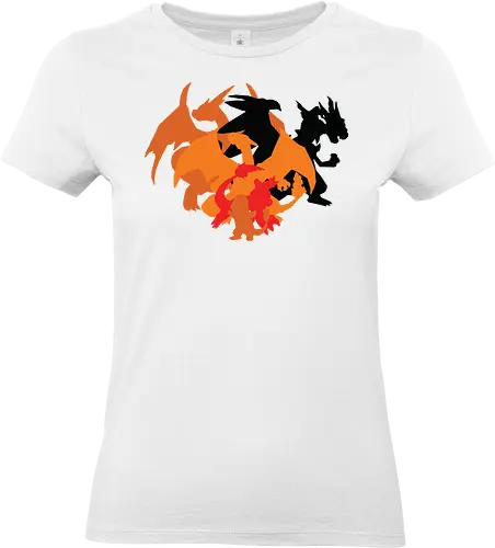 Feuer-Entwicklungslinie - Starter Familie - charmander entwicklung, Dragon, teetan, entwicklungslinie, mega entwicklung, minimalistische kunst, ash charizard, generation 1, pocketmonster t-shirt, pocketmonster kanto, pocketmonster starter, anime kleidung, mega charizard, charmeleon, feuer typ - Standard T-Shirt (Frauen)