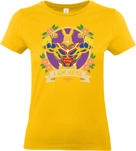 "I Am Here" All Might Academia Floral Emblem Graphic - all might shirt, my hero academia t-shirt, i am here graphic tee, symbol of peace apparel, boku no hero academia design, all might floral emblem top, shonen jump character shirt, anime hero streetwear, plus ultra clothing, vintage anime floral design, toshinori yagi merch, heroic anime t-shirt, mha fan gift, vibrant anime illustration, classic shonen gear, all might muscles graphic, anime aesthetic streetwear, number one hero apparel, japanese manga character tee - Standard T-Shirt (Frauen)