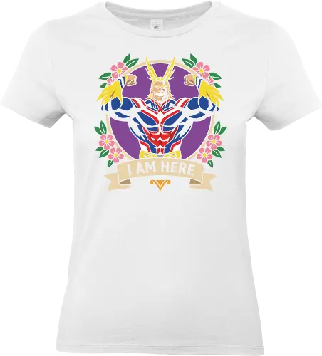 "I Am Here" All Might Academia Floral Emblem Graphic - all might shirt, my hero academia t-shirt, i am here graphic tee, symbol of peace apparel, boku no hero academia design, all might floral emblem top, shonen jump character shirt, anime hero streetwear, plus ultra clothing, vintage anime floral design, toshinori yagi merch, heroic anime t-shirt, mha fan gift, vibrant anime illustration, classic shonen gear, all might muscles graphic, anime aesthetic streetwear, number one hero apparel, japanese manga character tee - Standard T-Shirt (Frauen)