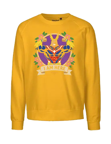 "I Am Here" All Might Academia Floral Emblem Graphic - all might shirt, my hero academia t-shirt, i am here graphic tee, symbol of peace apparel, boku no hero academia design, all might floral emblem top, shonen jump character shirt, anime hero streetwear, plus ultra clothing, vintage anime floral design, toshinori yagi merch, heroic anime t-shirt, mha fan gift, vibrant anime illustration, classic shonen gear, all might muscles graphic, anime aesthetic streetwear, number one hero apparel, japanese manga character tee - Fairtrade Sweatshirt
