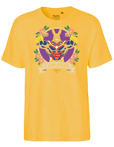 "I Am Here" All Might Academia Floral Emblem Graphic - all might shirt, my hero academia t-shirt, i am here graphic tee, symbol of peace apparel, boku no hero academia design, all might floral emblem top, shonen jump character shirt, anime hero streetwear, plus ultra clothing, vintage anime floral design, toshinori yagi merch, heroic anime t-shirt, mha fan gift, vibrant anime illustration, classic shonen gear, all might muscles graphic, anime aesthetic streetwear, number one hero apparel, japanese manga character tee - Fairtrade T-Shirt
