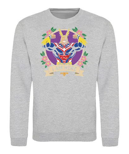 "I Am Here" All Might Academia Floral Emblem Graphic - all might shirt, my hero academia t-shirt, i am here graphic tee, symbol of peace apparel, boku no hero academia design, all might floral emblem top, shonen jump character shirt, anime hero streetwear, plus ultra clothing, vintage anime floral design, toshinori yagi merch, heroic anime t-shirt, mha fan gift, vibrant anime illustration, classic shonen gear, all might muscles graphic, anime aesthetic streetwear, number one hero apparel, japanese manga character tee - Sweatshirt
