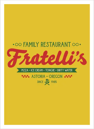 Fratellis Family Restaurant  - retro, skull, sloth, treasure, treasure hunter, vintage, movie, 80s movies, 80s, childhood, chunk, fratellis, never say die, nostalgia, pirate - Kunstdruck