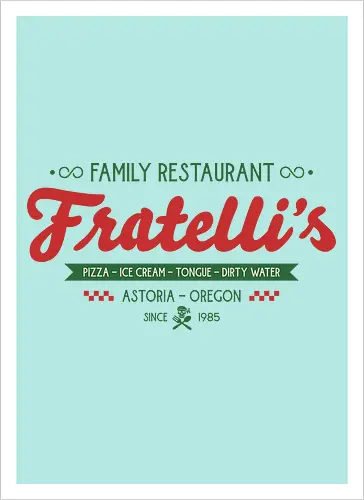 Fratellis Family Restaurant  - retro, skull, sloth, treasure, treasure hunter, vintage, movie, 80s movies, 80s, childhood, chunk, fratellis, never say die, nostalgia, pirate - Kunstdruck