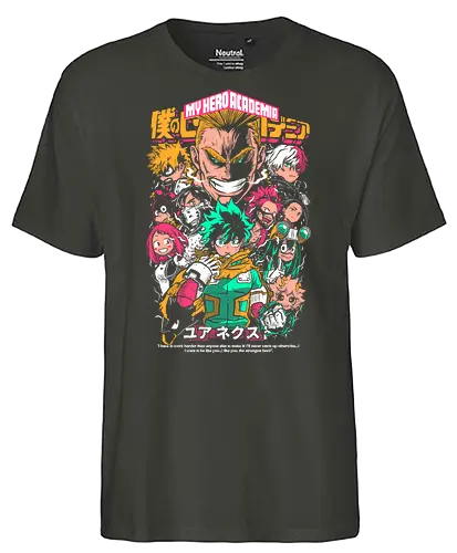 Heroes of UA Academy - Academia, superhero anime, hero academy, quirk powers, shonen action anime, manga series, japanese anime, anime art - Fairtrade T-Shirt