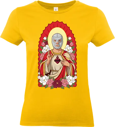 "Santo Luchador" Mexican Lucha Libre Sacred Heart Graphic - lucha libre saint shirt, mexican wrestler t-shirt, sacred heart luchador graphic tee, santo luchador apparel, masked wrestler religious art, chicano style streetwear, mexican folk art t-shirt, silver mask wrestler design, sagrado corazon luchador top, dia de los muertos aesthetic, floral wrestling shirt, traditional mexican icons clothing, lucha libre fan gift, heroic wrestler illustration, red and gold catholic parody, mexican culture graphic tee, luchador with roses t-shirt, vintage lucha libre merch, spiritual wrestling apparel - Standard T-Shirt (Frauen)