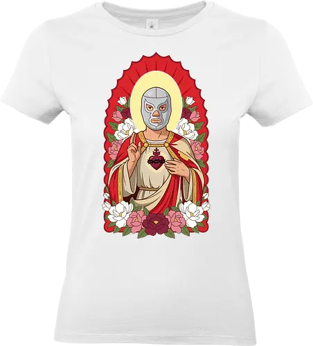 "Santo Luchador" Mexican Lucha Libre Sacred Heart Graphic - lucha libre saint shirt, mexican wrestler t-shirt, sacred heart luchador graphic tee, santo luchador apparel, masked wrestler religious art, chicano style streetwear, mexican folk art t-shirt, silver mask wrestler design, sagrado corazon luchador top, dia de los muertos aesthetic, floral wrestling shirt, traditional mexican icons clothing, lucha libre fan gift, heroic wrestler illustration, red and gold catholic parody, mexican culture graphic tee, luchador with roses t-shirt, vintage lucha libre merch, spiritual wrestling apparel - Standard T-Shirt (Frauen)