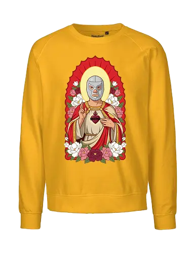 "Santo Luchador" Mexican Lucha Libre Sacred Heart Graphic - lucha libre saint shirt, mexican wrestler t-shirt, sacred heart luchador graphic tee, santo luchador apparel, masked wrestler religious art, chicano style streetwear, mexican folk art t-shirt, silver mask wrestler design, sagrado corazon luchador top, dia de los muertos aesthetic, floral wrestling shirt, traditional mexican icons clothing, lucha libre fan gift, heroic wrestler illustration, red and gold catholic parody, mexican culture graphic tee, luchador with roses t-shirt, vintage lucha libre merch, spiritual wrestling apparel - Fairtrade Sweatshirt