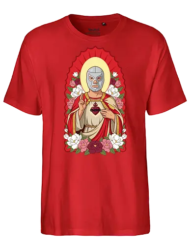 "Santo Luchador" Mexican Lucha Libre Sacred Heart Graphic - lucha libre saint shirt, mexican wrestler t-shirt, sacred heart luchador graphic tee, santo luchador apparel, masked wrestler religious art, chicano style streetwear, mexican folk art t-shirt, silver mask wrestler design, sagrado corazon luchador top, dia de los muertos aesthetic, floral wrestling shirt, traditional mexican icons clothing, lucha libre fan gift, heroic wrestler illustration, red and gold catholic parody, mexican culture graphic tee, luchador with roses t-shirt, vintage lucha libre merch, spiritual wrestling apparel - Fairtrade T-Shirt