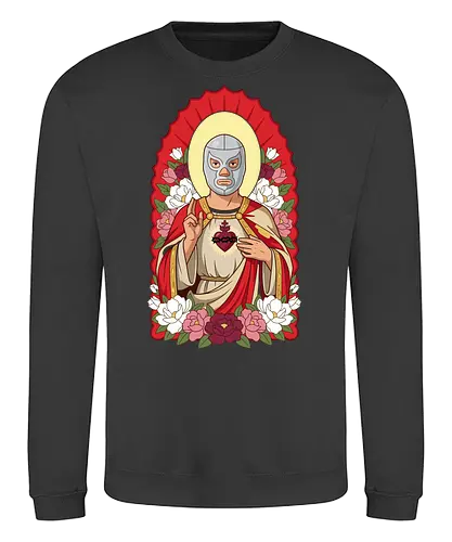 "Santo Luchador" Mexican Lucha Libre Sacred Heart Graphic - lucha libre saint shirt, mexican wrestler t-shirt, sacred heart luchador graphic tee, santo luchador apparel, masked wrestler religious art, chicano style streetwear, mexican folk art t-shirt, silver mask wrestler design, sagrado corazon luchador top, dia de los muertos aesthetic, floral wrestling shirt, traditional mexican icons clothing, lucha libre fan gift, heroic wrestler illustration, red and gold catholic parody, mexican culture graphic tee, luchador with roses t-shirt, vintage lucha libre merch, spiritual wrestling apparel - Sweatshirt