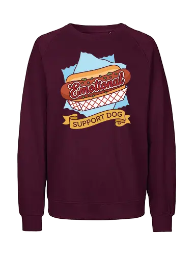 "Emotional Support Dog" Funny Hot Dog Foodie Graphic - emotional support dog shirt, funny hot dog t-shirt, foodie graphic tee, hot dog pun apparel, retro diner style clothing, humorous food t-shirt, support dog parody merch, classic hot dog design, grilling enthusiast gift, comfort food streetwear, vintage snack bar aesthetic, funny pun clothing, red and blue food graphic, emotional support snack top, fast food parody tee, barbeque party shirt, quirky foodie fashion, mustard lettering design, hot dog lover apparel - Fairtrade Sweatshirt