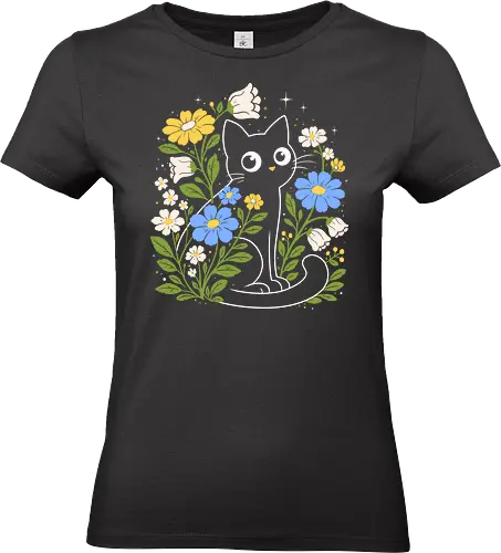 Midnight Garden Supervisor - illustration, minimalist, cartoon, adorable, chill, cat, feline, kitty, pet, animal, cute, funny, humor, garden, nature, flowers, floral, spring, plants, botanical, night, stars, aesthetic, whimsical, cozy, calm, magical, introvert, gardening, vintage - Standard T-Shirt (Frauen)