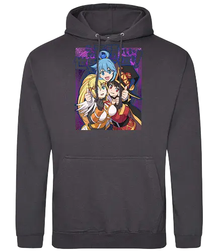 Konosuba – The Legendary Party - konosuba, aqua megumin darkness, anime trio, fantasy comedy anime, isekai anime, mage explosion, crusader knight, goddess anime, manga series, anime art - Standard Hoodie