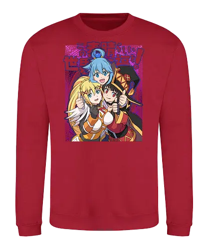Konosuba – The Legendary Party - konosuba, aqua megumin darkness, anime trio, fantasy comedy anime, isekai anime, mage explosion, crusader knight, goddess anime, manga series, anime art - Sweatshirt