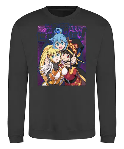 Konosuba – The Legendary Party - konosuba, aqua megumin darkness, anime trio, fantasy comedy anime, isekai anime, mage explosion, crusader knight, goddess anime, manga series, anime art - Sweatshirt