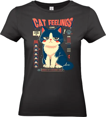 Cat Feelings Game - cat, gamer, gaming, videogame, game, feline, kitty, funny, humor, mood, feelings, attitude, sarcasm, meme, nerd, geek, cute, retro, arcade, player, level, energy, patience, pet, animal, cartoon, illustration, playful, ironic, gaminglife - Standard T-Shirt (Frauen)