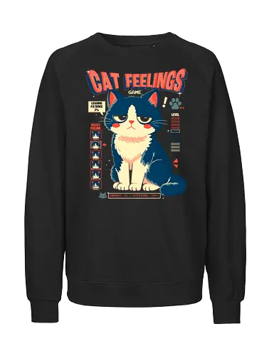 Cat Feelings Game - cat, gamer, gaming, videogame, game, feline, kitty, funny, humor, mood, feelings, attitude, sarcasm, meme, nerd, geek, cute, retro, arcade, player, level, energy, patience, pet, animal, cartoon, illustration, playful, ironic, gaminglife - Fairtrade Sweatshirt