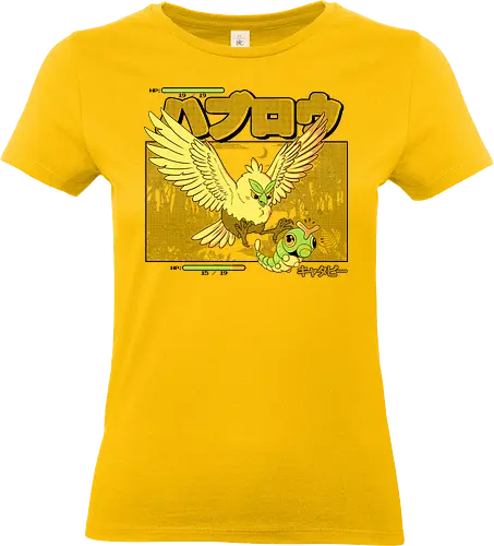 Beak Attack - bird, owl, caterpillar, bug, illustration, creature, fantasy, wild, insect, wildlife, nature, gamer, gaming, videogame, rpg, boss, bossfight, battle, attack, retro, arcade, pixel, cute, funny, humor, nerd, geek, forest, adventure, cartoon - Standard T-Shirt (Frauen)