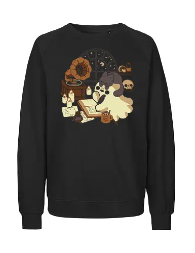 Spooky Cute Ghost Lofi - cute ghost, kawaii ghost, witchy, cozy, lofi, black cat, vintage, mystical, creepy cute, spooky cute, occult, gramophone, book, love, xmorfina - Fairtrade Sweatshirt