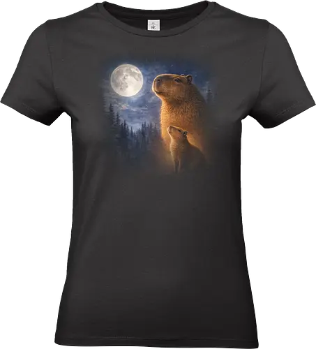 Mystischer Mond Capybara Fantasie Nacht Wildlife Kunst - Mond Capybara, Fantasy Capybara Kunst, süßes Capybara Design, Fantasy Tier Poster, Capybara Mond Kunstwerk, verträumte Wildlife Kunst, Natur Capybara Design, Tier Mond Illustration, Fantasy Nagetier Kunst, mystisches Capybara Design, Mondlicht Capybara, Capybara Nachtszene, magische Capybara Illustration, Capybara Wildlife Kunst - Standard T-Shirt (Frauen)