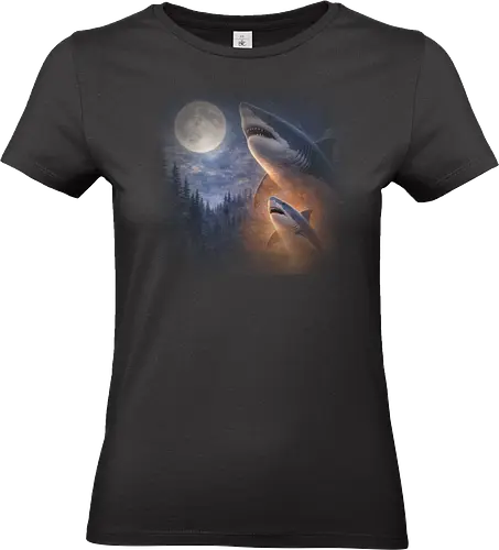 Mystischer Mond Hai Fantasie Ozean Nacht Szene - Mond Hai, Fantasy Hai Kunst, mystisches Hai Design, Hai Mond Szene, Ozean Fantasy Hai, magische Hai Illustration, Hai Nacht Ozean, Hai Wildlife Kunst, verträumte Meereskreatur, Hai Mond Poster, Unterwasser Fantasy Kunst, Ozean Tier Design, mystische Meereskreatur, Hai Nacht Kunst - Standard T-Shirt (Frauen)