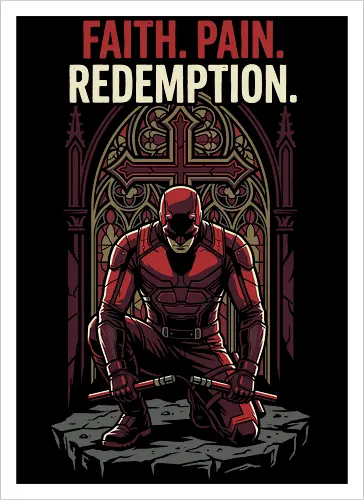 DAREDEVIL: FAITH PAIN REDEMPTION - red suit superhero, catholic superhero, religious art, stained glass design, gothic art, superhero apparel, comic book t-shirt, dark hero, faith pain redemption, man without fear, red suit superhero shirt, gothic apparel, fan apparel, murdock - Kunstdruck