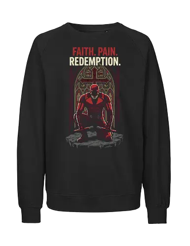 DAREDEVIL: FAITH PAIN REDEMPTION - red suit superhero, catholic superhero, religious art, stained glass design, gothic art, superhero apparel, comic book t-shirt, dark hero, faith pain redemption, man without fear, red suit superhero shirt, gothic apparel, fan apparel, murdock - Fairtrade Sweatshirt