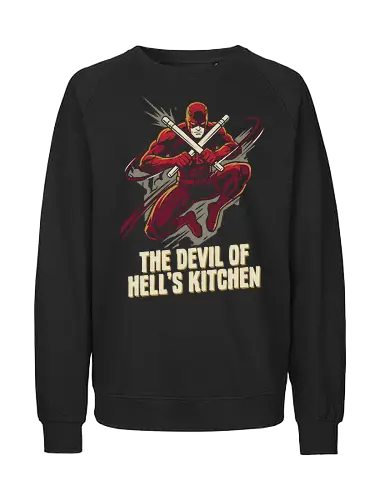 THE DEVIL OF HELL'S KITCHEN - red suit superhero, hell's kitchen hero, comic book art, action hero t-shirt, superhero clothing, man without fear, gritty superhero design, billy clubs, martial arts superhero, comic book merchandise, dark hero apparel, blind hero t-shirt, fan apparel, murdock, merch - Fairtrade Sweatshirt