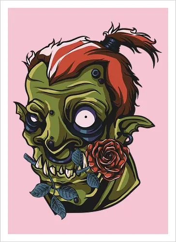 Zombie Skull with Rose – Dark Gothic Punk Horror Tattoo Style Art