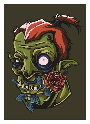 Zombie Skull with Rose – Dark Gothic Punk Horror Tattoo Style Art