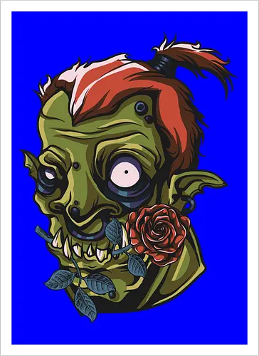 Zombie Skull with Rose – Dark Gothic Punk Horror Tattoo Style Art