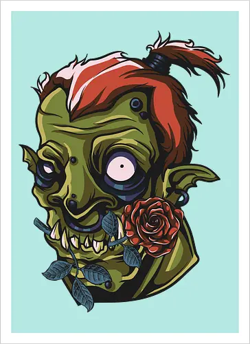 Zombie Skull with Rose – Dark Gothic Punk Horror Tattoo Style Art