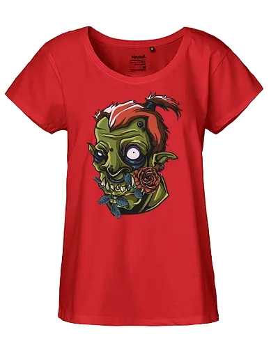 Zombie Skull with Rose – Dark Gothic Punk Horror Tattoo Style Art - undead art, spooky design, halloween shirt, edgy graphic, macabre art, alternative style, horror illustration, skull tattoo style, punk rock design, zombie skull, skull art, horror design, gothic style, punk aesthetic, tattoo art, creepy skull, dark art, horror streetwear, gothic fashion, skull with rose - Fairtrade Girl Shirt