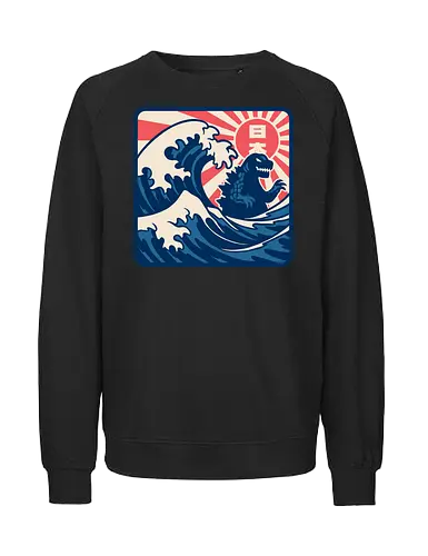 Japanese Wave Sign - Kaiju, Vintage, Retro, Retro Vintage, Movie, Classic Movie, Monster, Giant Monster, Giant Monsters, Fantasy, Adventure, Science Fiction, Scifi, Mt. Fuji, Mount Fuji, The Great Wave, Great Wave, The Great Wave Of Kanagawa, Hokusai, Japan, Japanese, Japanese Art - Fairtrade Sweatshirt