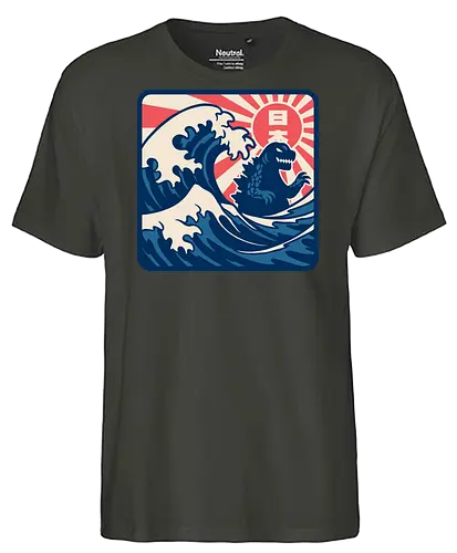 Japanese Wave Sign - Kaiju, Vintage, Retro, Retro Vintage, Movie, Classic Movie, Monster, Giant Monster, Giant Monsters, Fantasy, Adventure, Science Fiction, Scifi, Mt. Fuji, Mount Fuji, The Great Wave, Great Wave, The Great Wave Of Kanagawa, Hokusai, Japan, Japanese, Japanese Art - Fairtrade T-Shirt