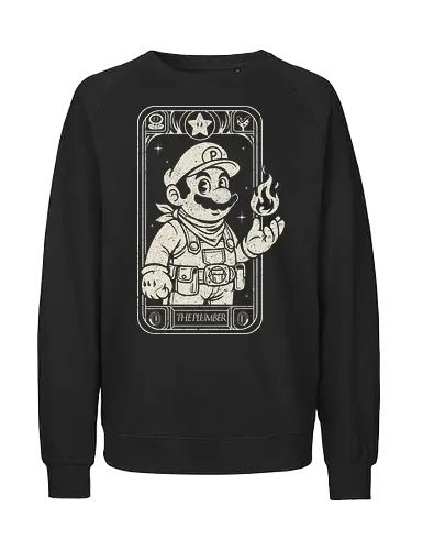 The Plumber - plumber, hero, retro, gaming, videogame, nostalgia, classic, card, tarot, fantasy, pixel, arcade, legend, character, funny, humor, geek, nerd, vintage, aesthetic, illustration, cartoon, mustache, firepower, adventure, iconic, oldschool, gamerlife, design, collectible - Fairtrade Sweatshirt