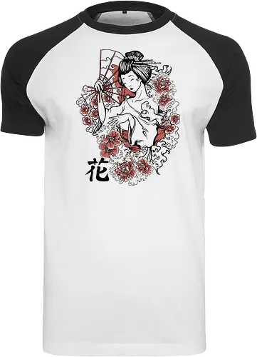 Minimalist Japanese Geisha Floral Silhouette - Geisha, Sakura, Cherry Blossom, Minimalist, Kimono, Japan Art, Oriental, Floral, Zen, Asia, Traditional, Red and Black, Woman Silhouette, Elegant, Culture. - Raglan T-Shirt