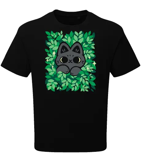 Cute Black Cat Peeking Through Green Leaves