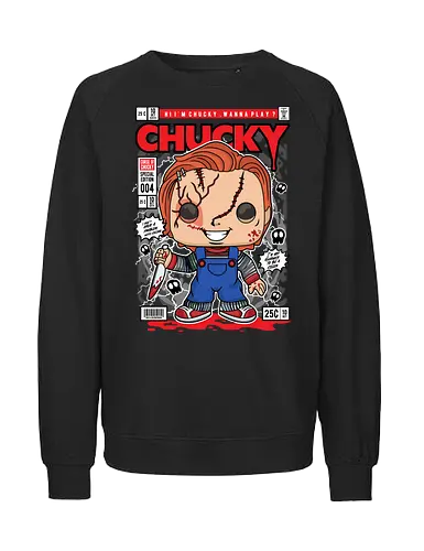 Chucky – Killer Doll - chucky, horror doll, killer doll, childs play, horror movie, funko style, chibi horror, creepy cute, spooky doll, pop figure style, horror icon, collectible design, scary cute, slasher character, stylized horror - Fairtrade Sweatshirt