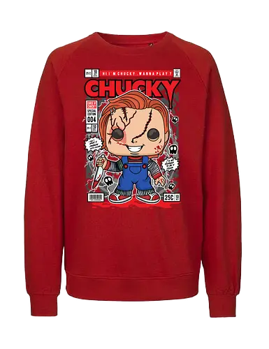 Chucky – Killer Doll - chucky, horror doll, killer doll, childs play, horror movie, funko style, chibi horror, creepy cute, spooky doll, pop figure style, horror icon, collectible design, scary cute, slasher character, stylized horror - Fairtrade Sweatshirt