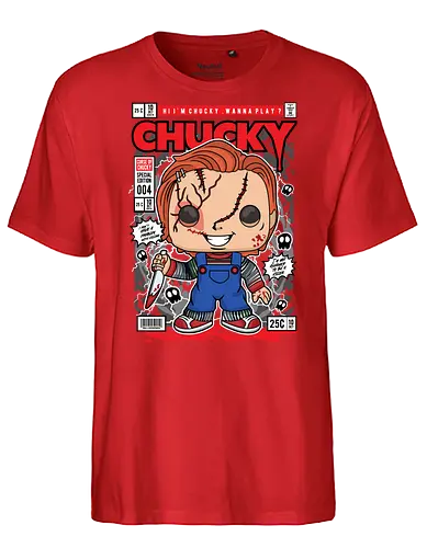 Chucky – Killer Doll - chucky, horror doll, killer doll, childs play, horror movie, funko style, chibi horror, creepy cute, spooky doll, pop figure style, horror icon, collectible design, scary cute, slasher character, stylized horror - Fairtrade T-Shirt